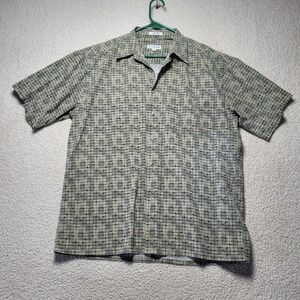Pierre Cardin Mens Large Short Sleeve Button Down Shirt Geometric Grid Grey Tan